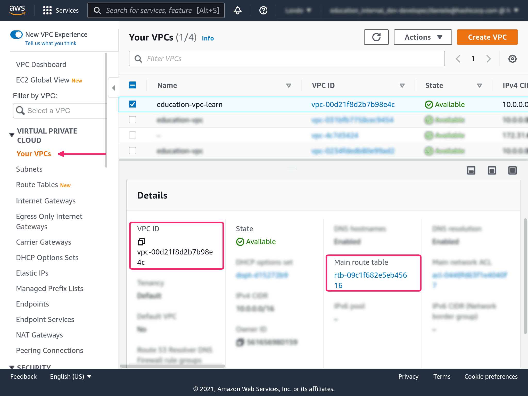 AWS console VPC details