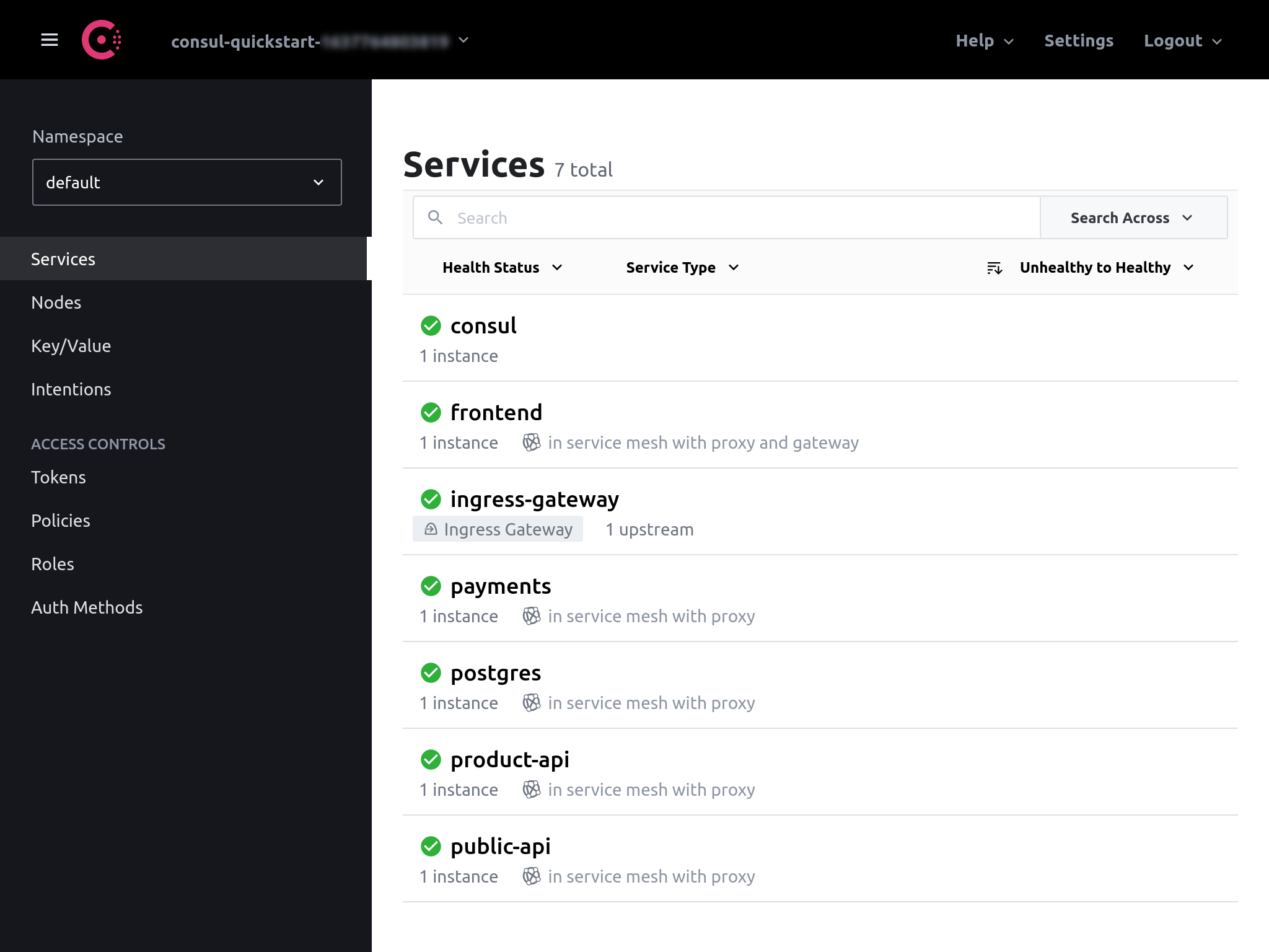 Consul UI services HashiCups