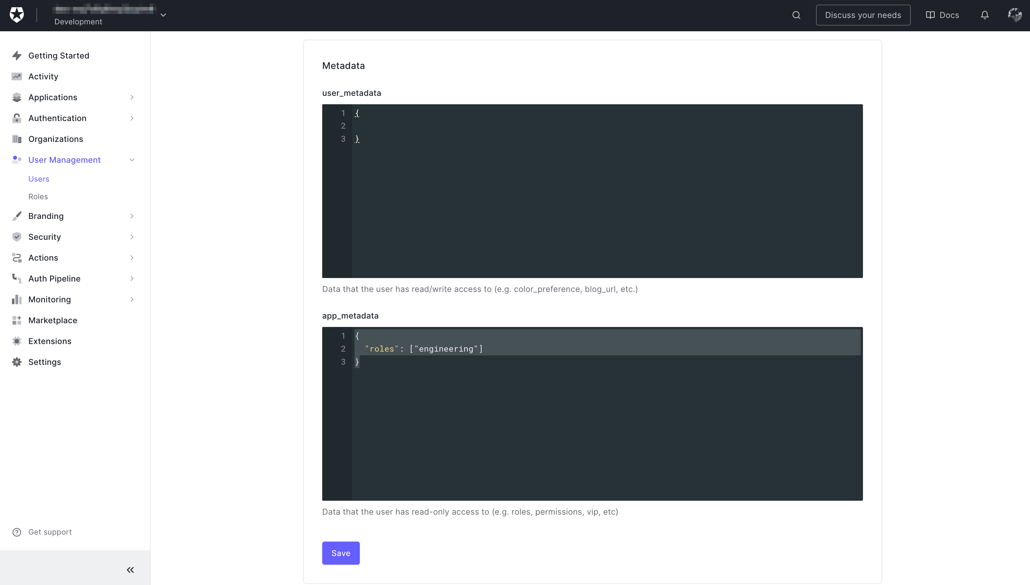 Auth0 UI configure user metadata