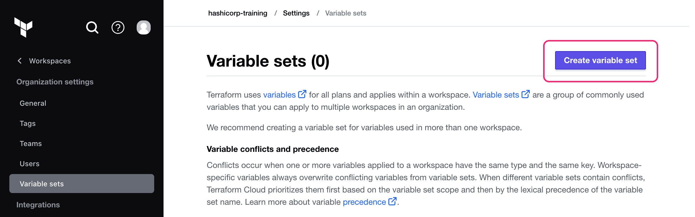 Create HCP Terraform variable set