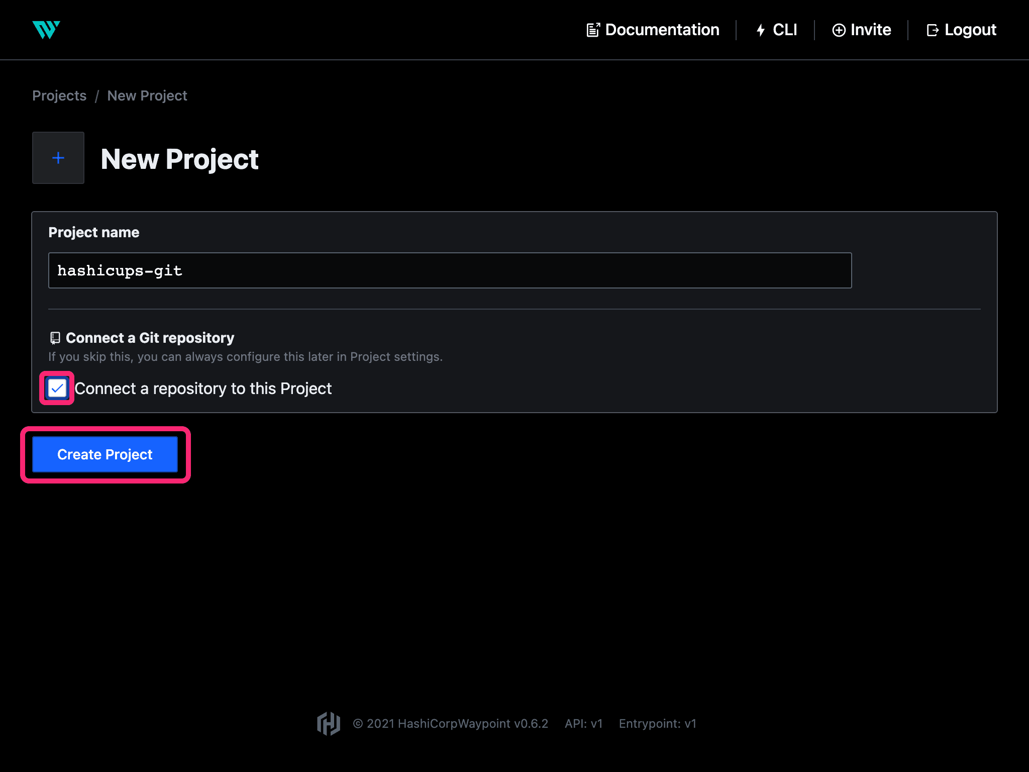 Creating a new project in the Waypoint web UI